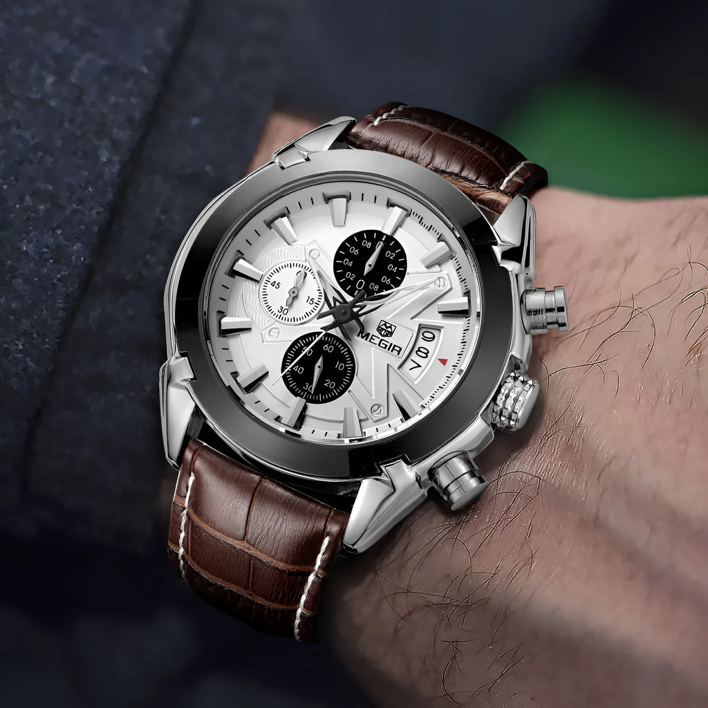 Men's quartz chronograph watch with three sub-dials, luminous hands, 15mm thickness, black and brown colour options