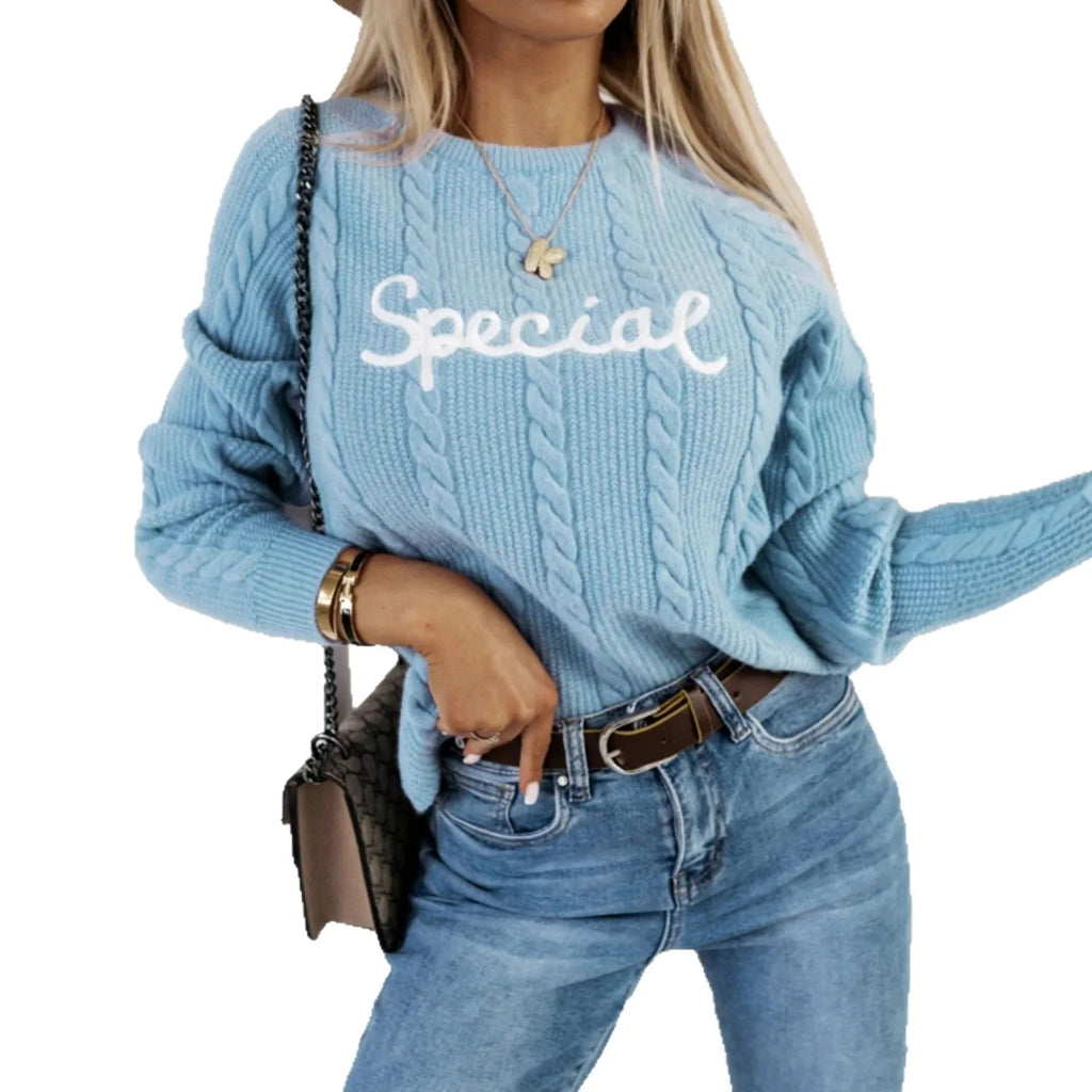 Blue leisure pullover sweater with embroidered letters pattern, crew neck, street fashion style