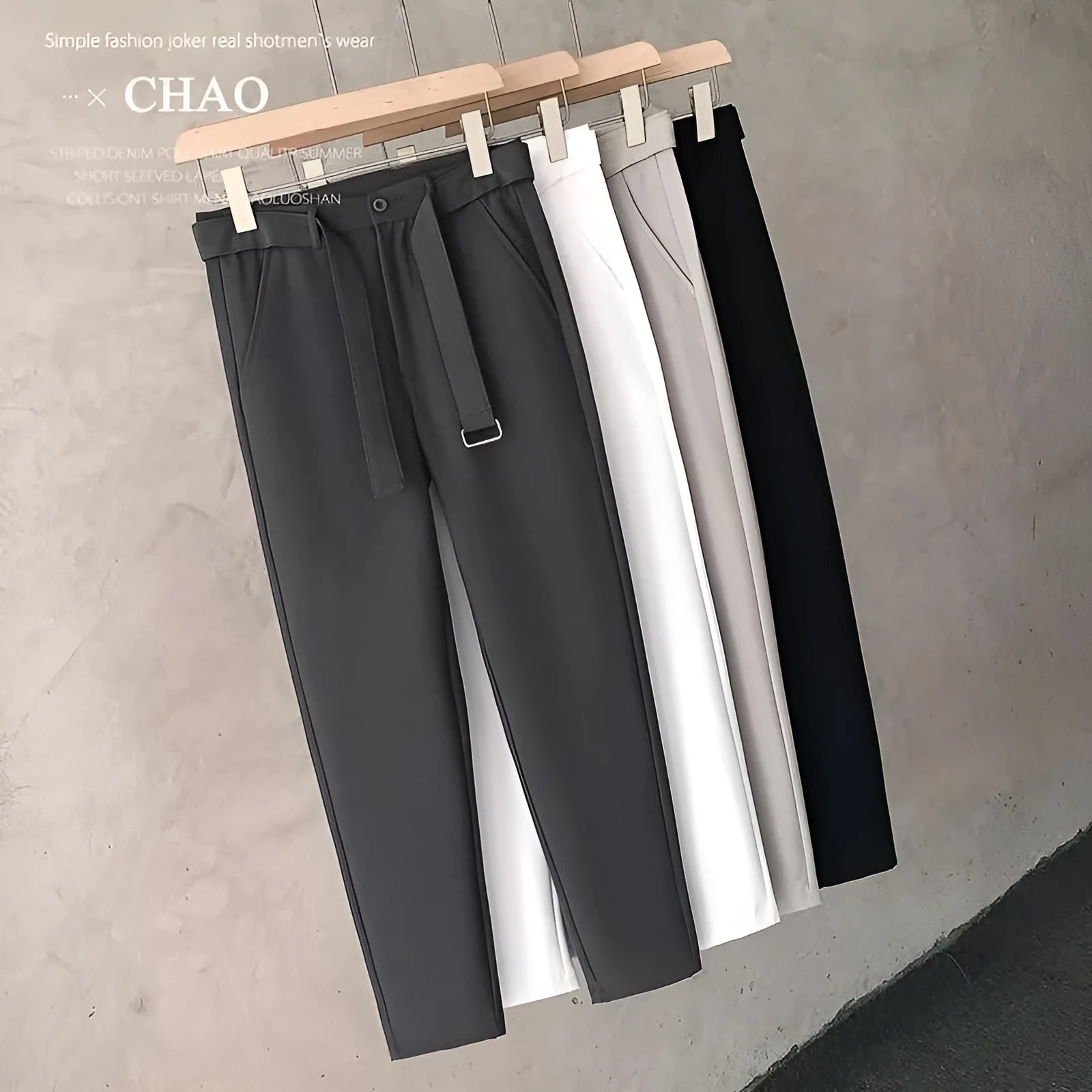 Boys slim straight wool trousers with tapered cut in black, white, dark grey, or light grey