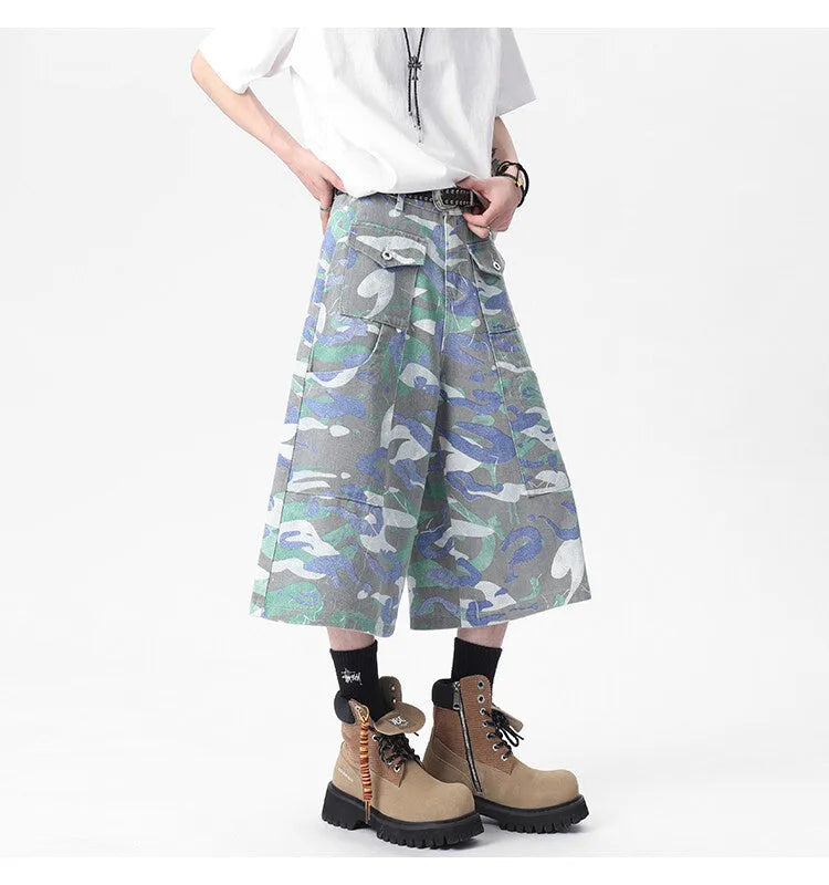 Men's camouflage colour cotton denim cropped workwear trousers with a straight leg and zipper fly.