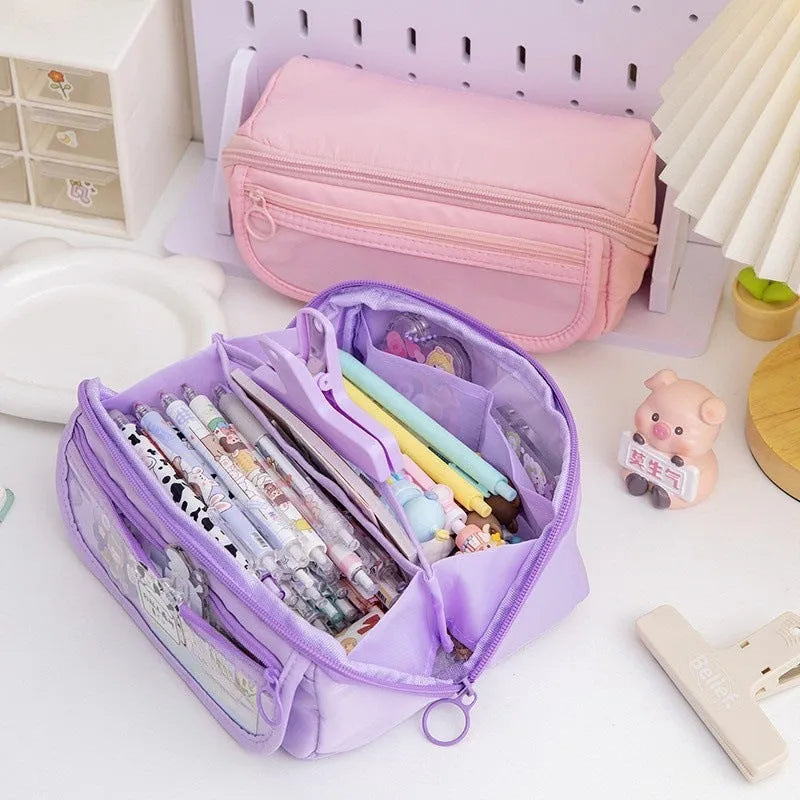 Korean style canvas pencil case with ten-layer flip design in multiple colour options.