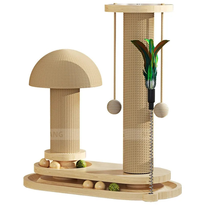 Solid wood cat climbing frame with a central rotating turntable scratching post
