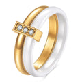 Ceramic women's ring with 6mm geometric band and glossy zirconium stitching in steel black or golden white