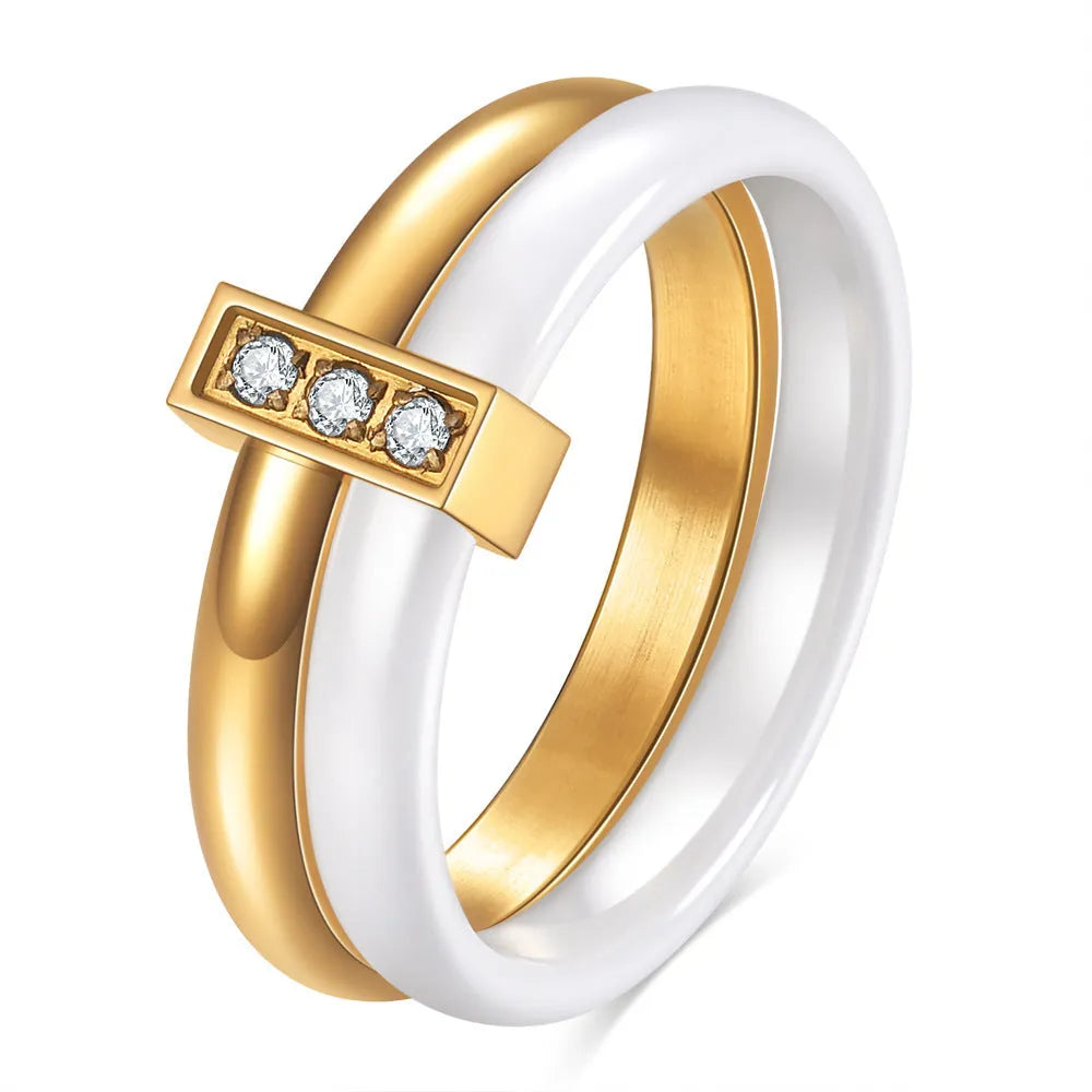 Ceramic women's ring with 6mm geometric band and glossy zirconium stitching in steel black or golden white