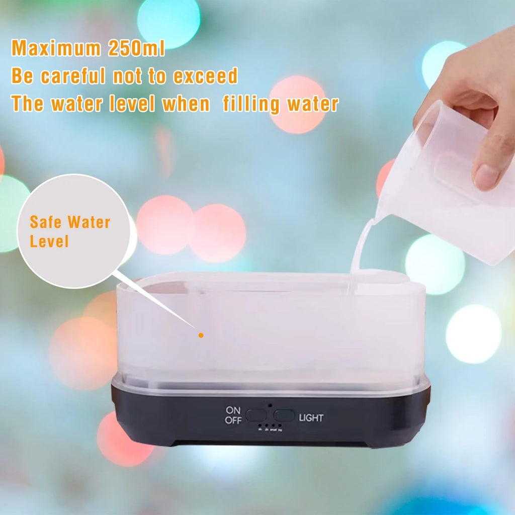 Square woodgrain aromatherapy humidifier with colourful snowflake pattern and multicoloured flame light effect.