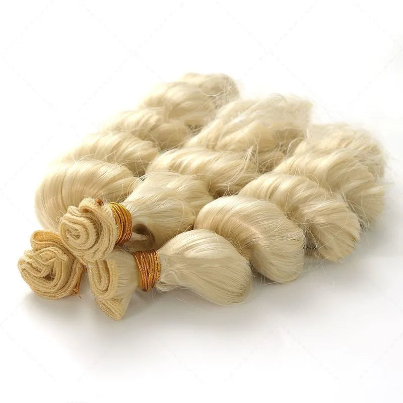 Golden synthetic wig in three lengths: 18 inches, 20 inches, and 22 inches.