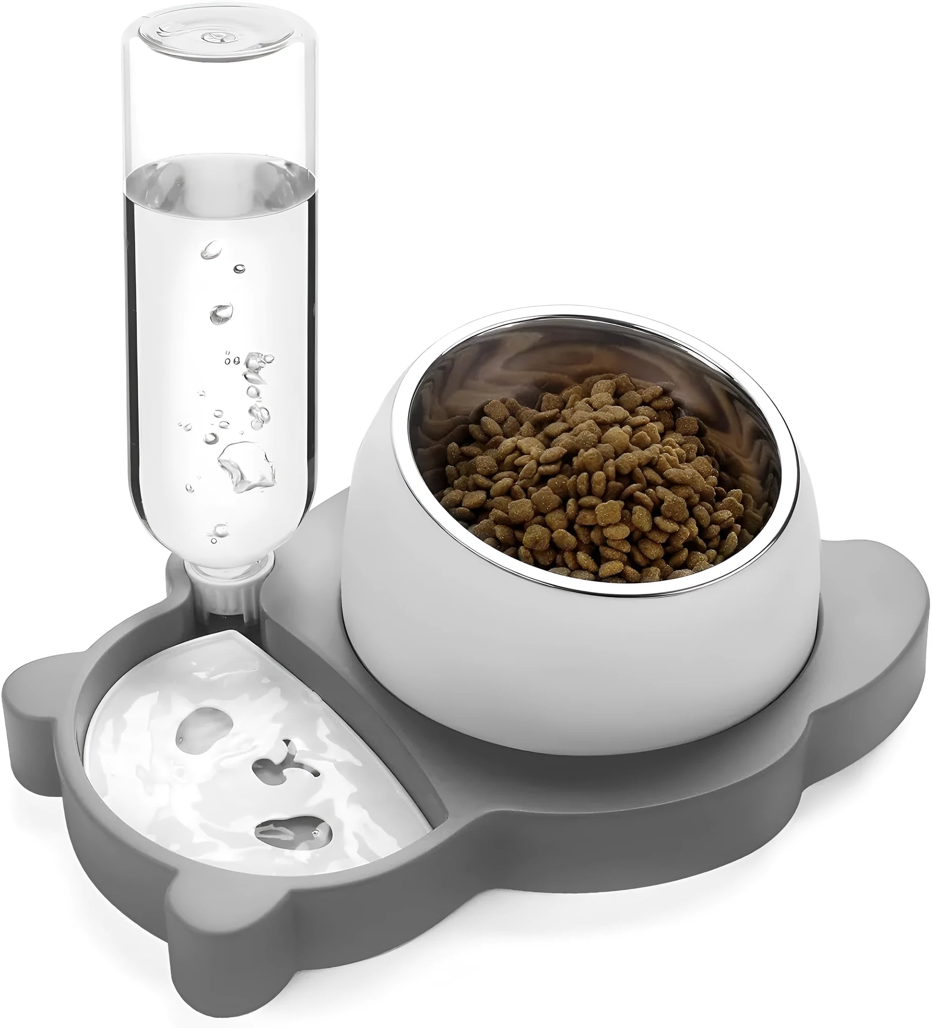 Grey panda-shaped tilted pet bowl set with stainless steel dish and automatic water bottle