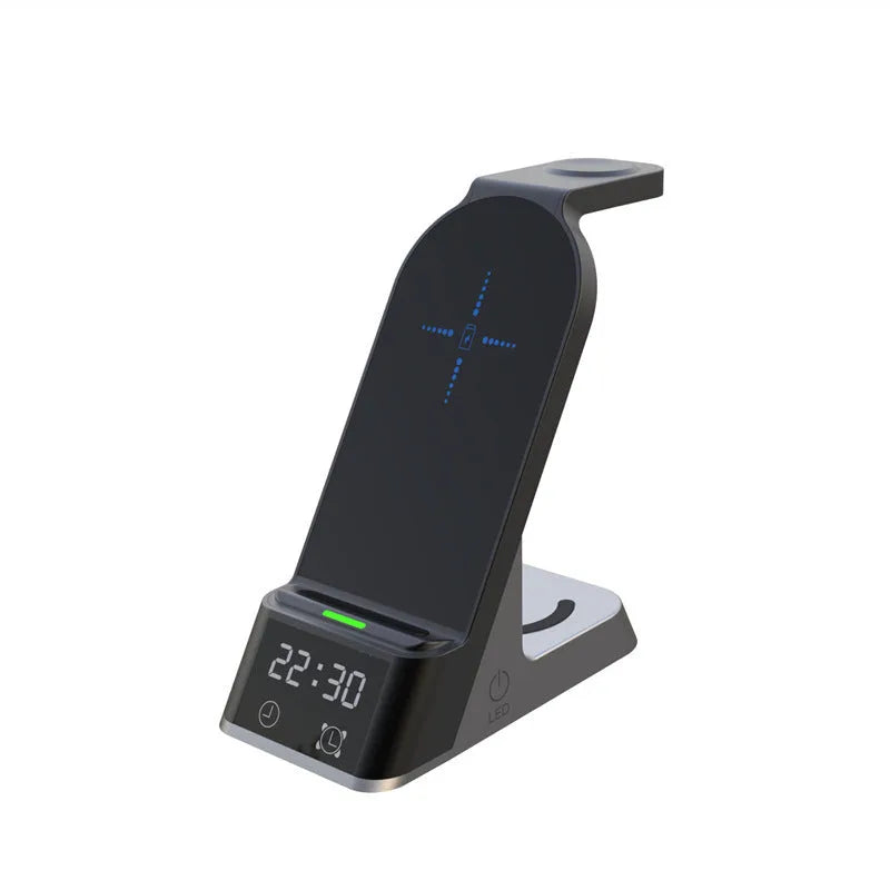 Black multifunctional alarm clock wireless charging station with digital display