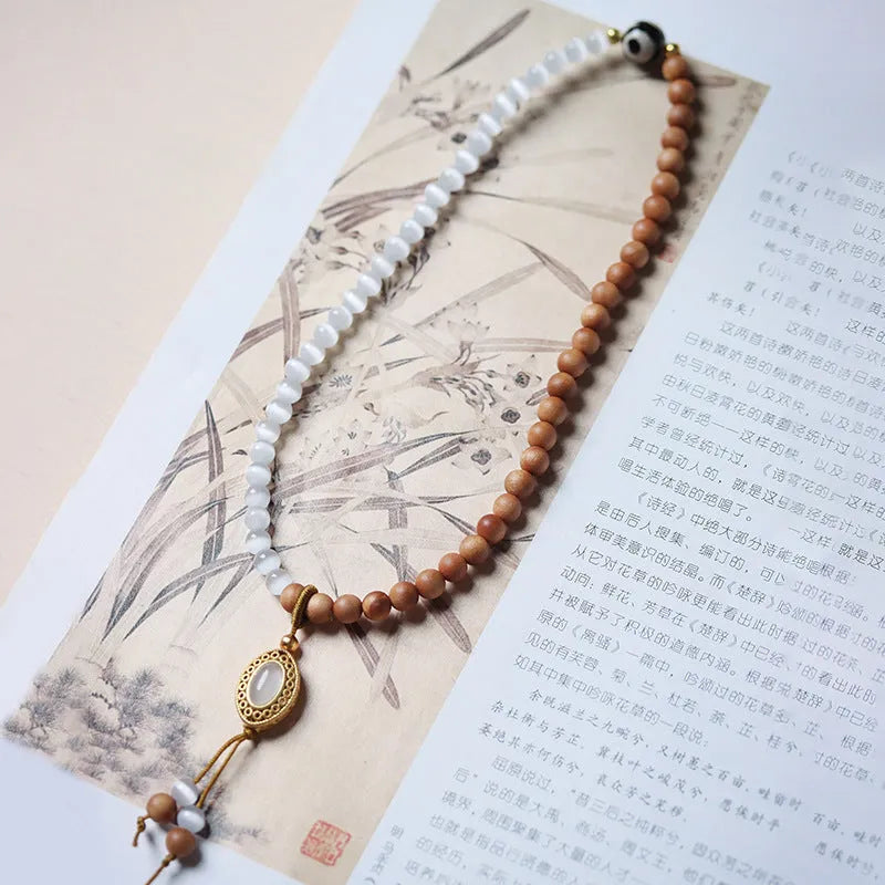 Sandalwood opal double ring bracelet with mixed materials and retro styling