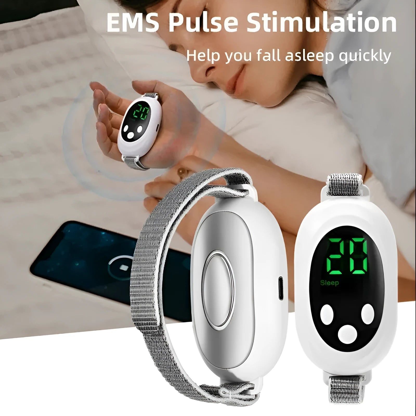 White insomnia help device with handheld remote control, sleep bracelet attachment, and USB charging cable