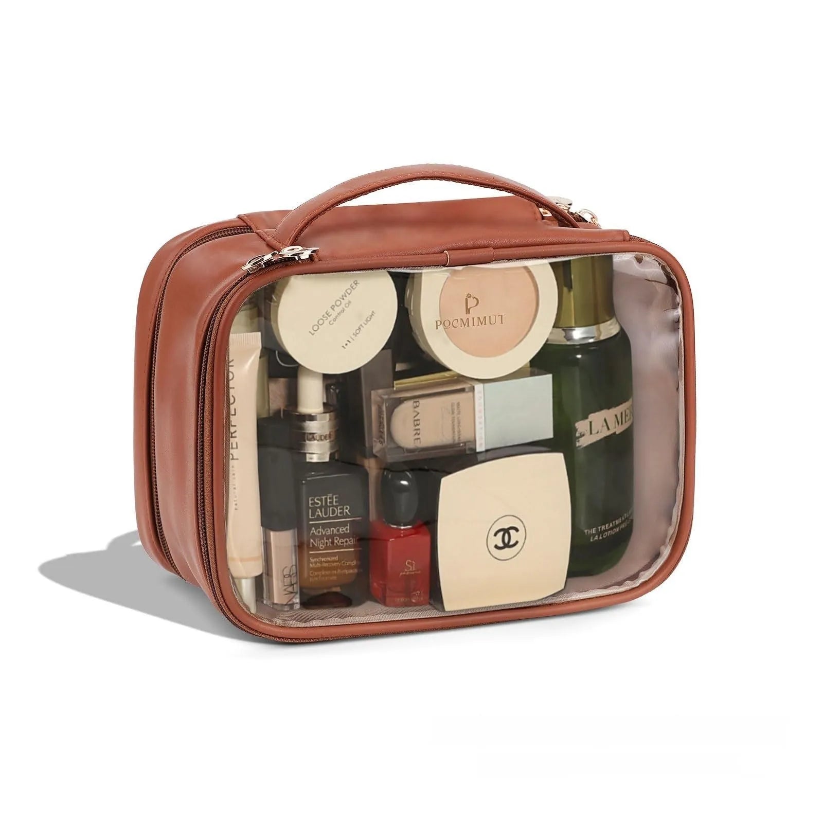 Transparent PVC cosmetic bag with waterproof design and polyester lining available in pink, beige, and brown.