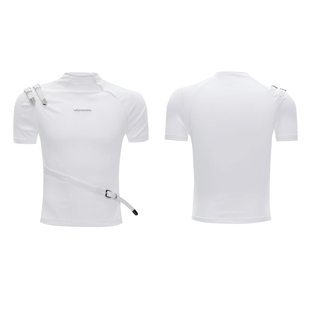Men's slim fit black cotton T-shirt with a small stand-up collar and metal belt design detail on chest.