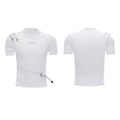 Men's slim fit black cotton T-shirt with a small stand-up collar and metal belt design detail on chest.