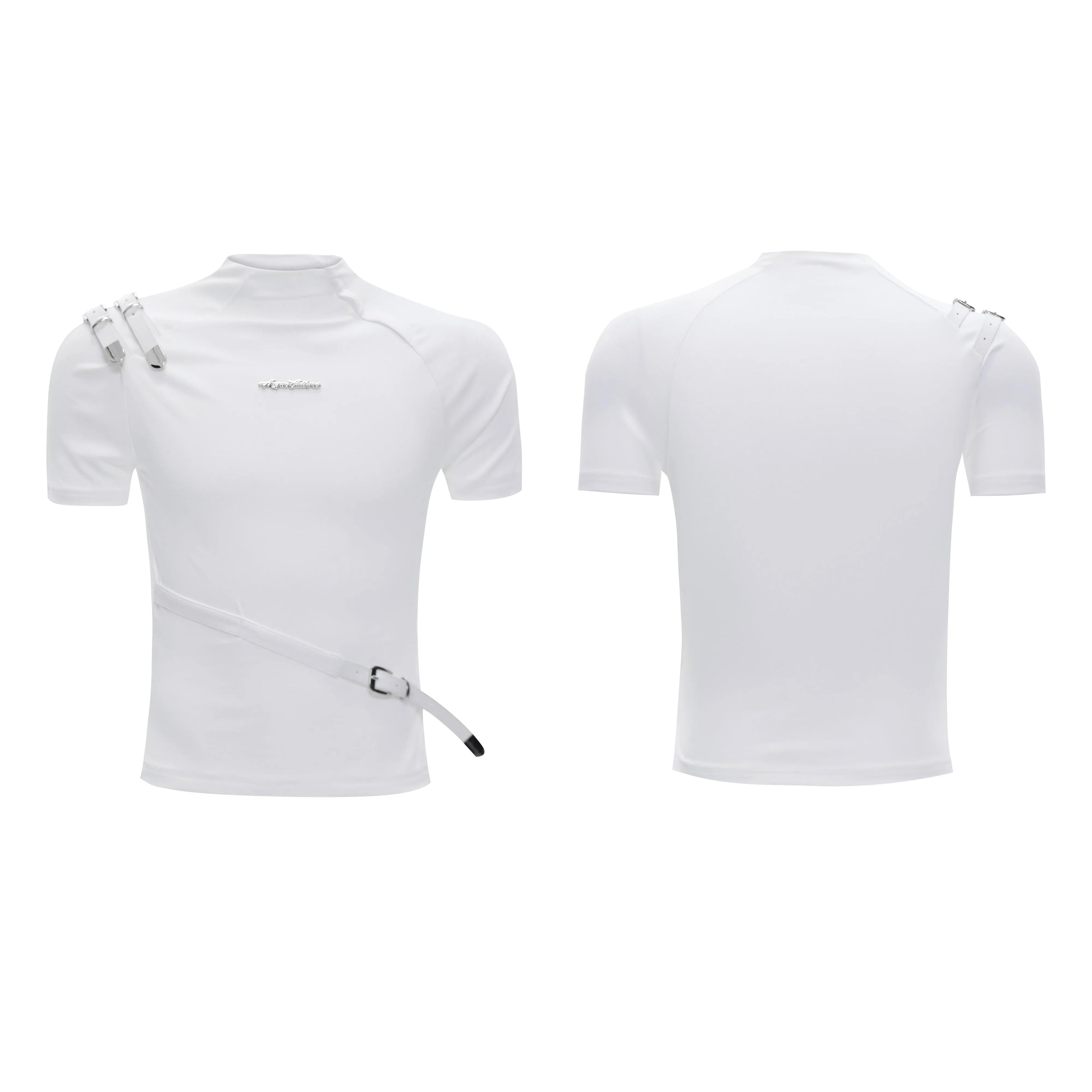 Men's slim fit black cotton T-shirt with a small stand-up collar and metal belt design detail on chest.