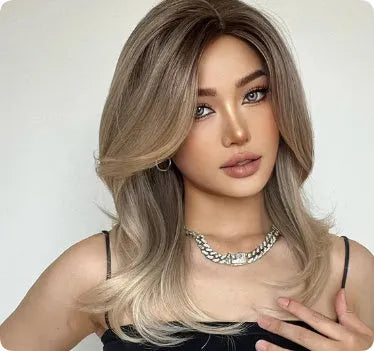 Mid-length platinum gradient colour synthetic wig with long curly hair and bangs