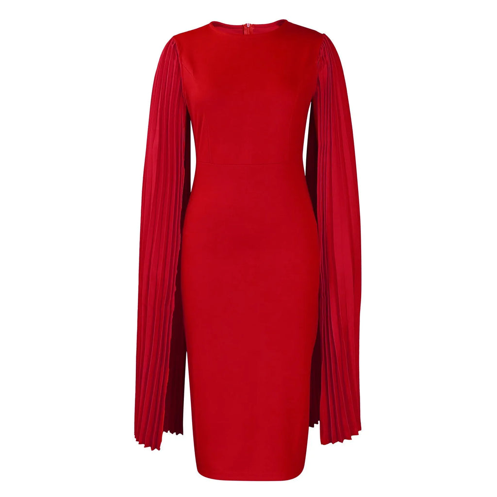 Round neck pleated evening dress with attached shawl in long sleeve high-waist design