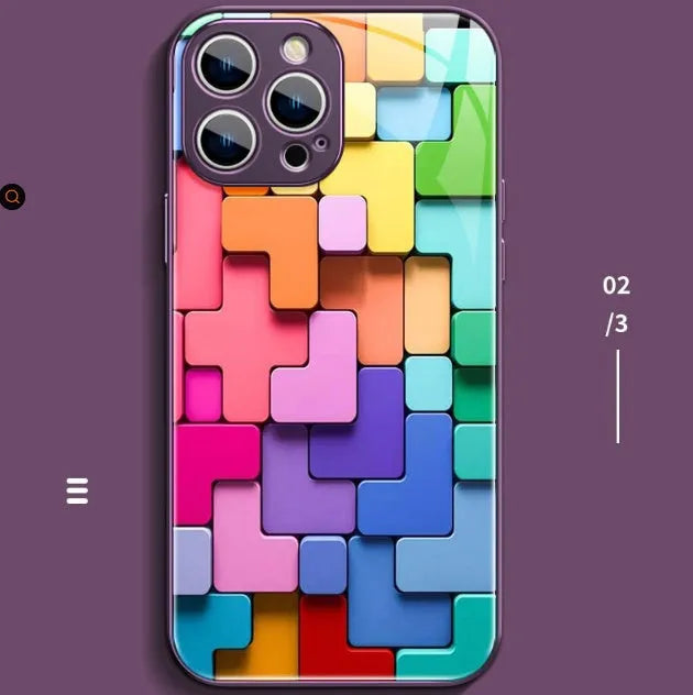 Colourful cartoon geometric building block pattern on a black silicone iPhone back cover case.