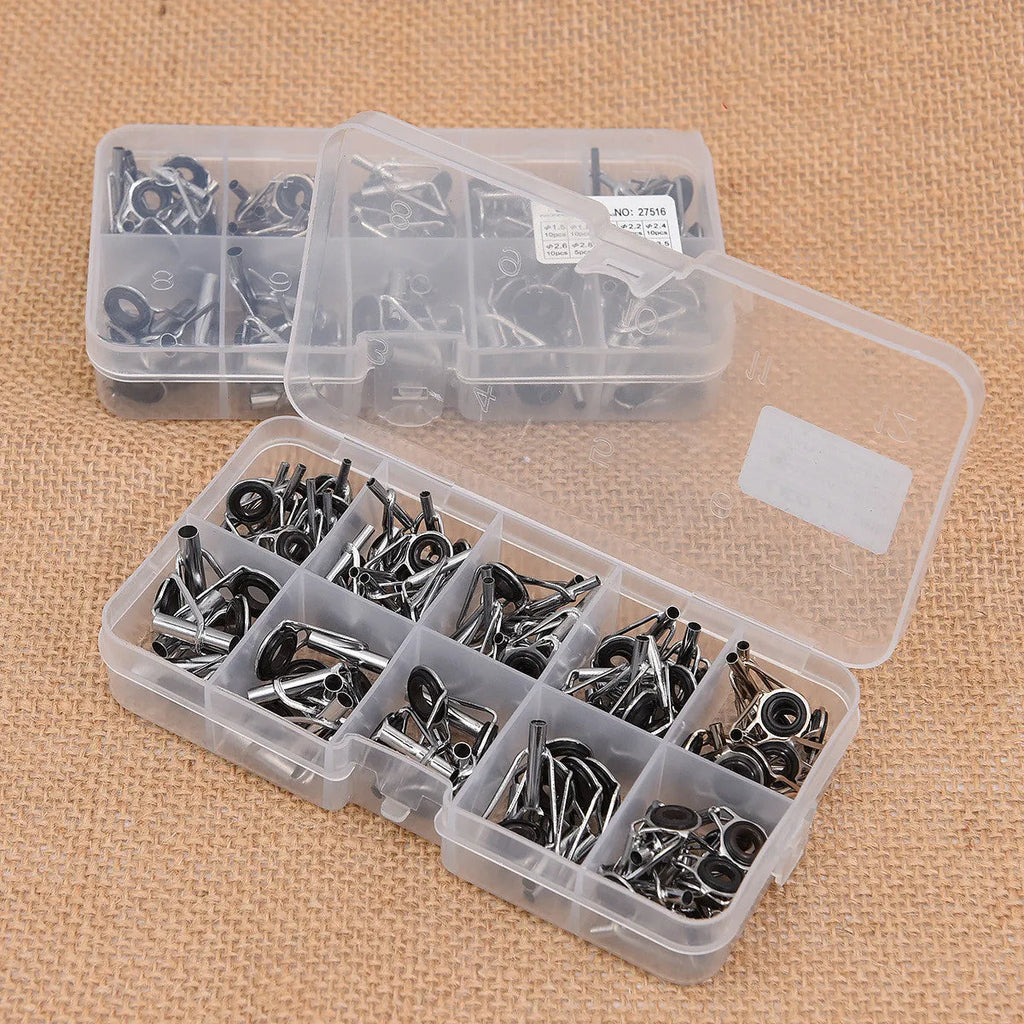 Boxed 80pcs alloy sea fishing rod guide ring set in plastic grid box
