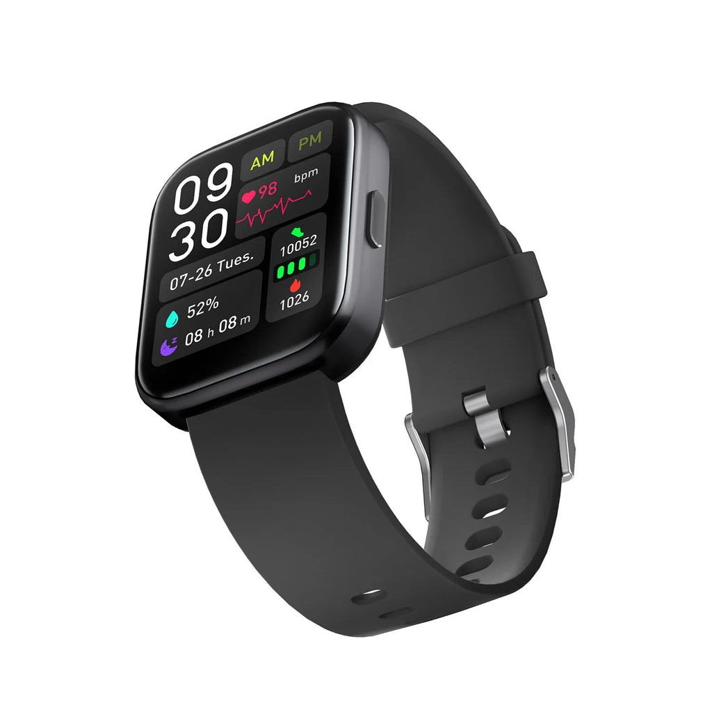 Smartwatch with 1.7-inch glass screen showing heart rate detection, available in Black, Blue, Light Grey, Pink