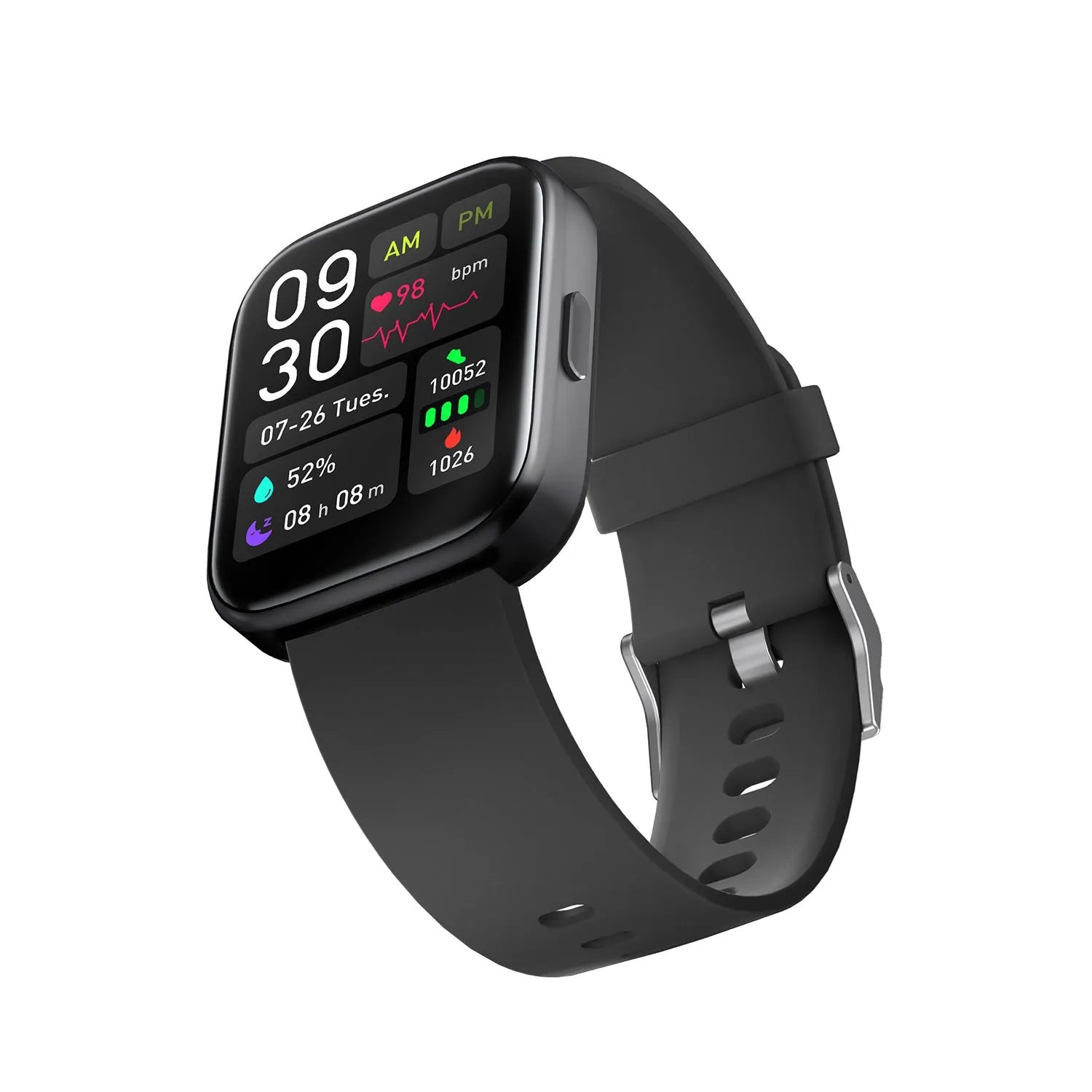 Smartwatch with 1.7-inch glass screen showing heart rate detection, available in Black, Blue, Light Grey, Pink
