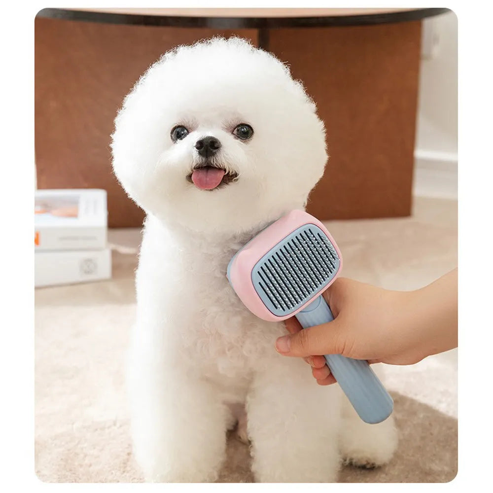 Blue double-sided pet grooming brush with deshedding rake and dematting comb