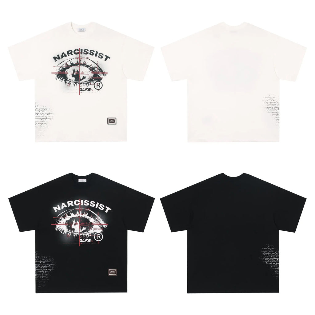 Pure cotton T-shirt with letter pattern print in black or white, shown in teenage sizing.