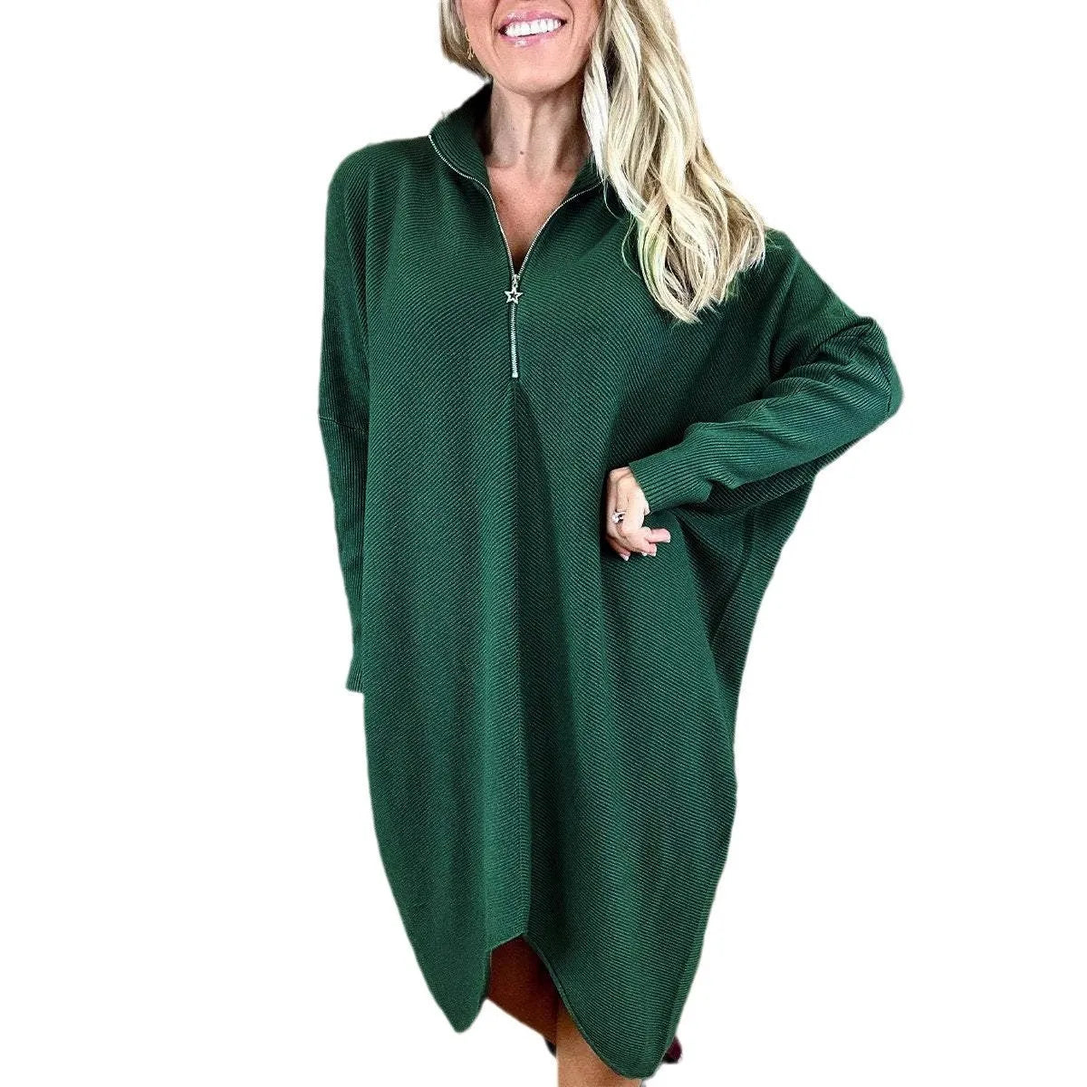 Women's solid colour loose knitted dress with raglan sleeves and a front zipper.