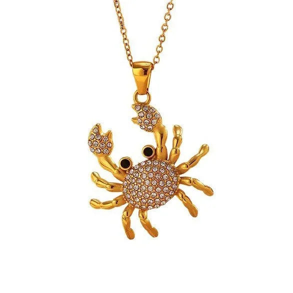 Gold electroplated stainless steel crab pendant necklace with diamond accents on regular chain, natural style