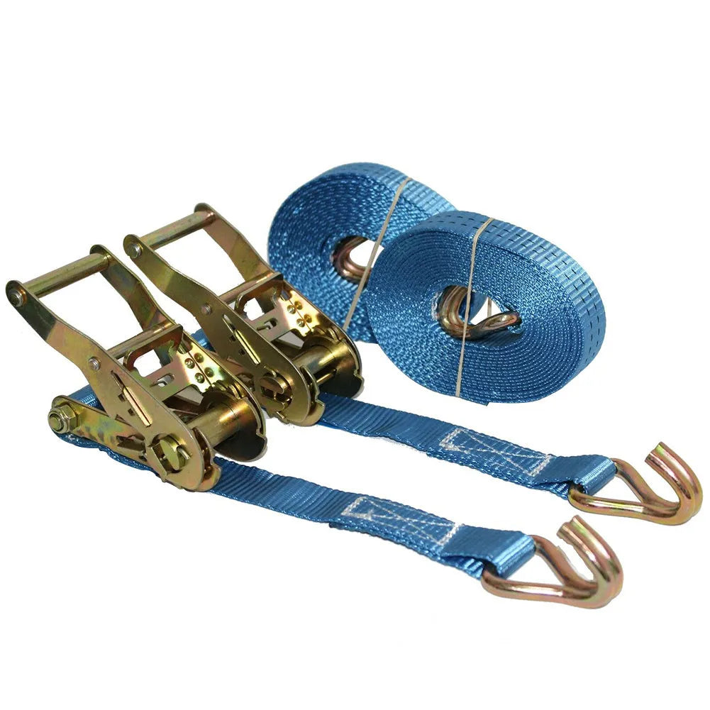 Steel and polyester double hook ratchet tensioner strap for cargo and furniture moving.