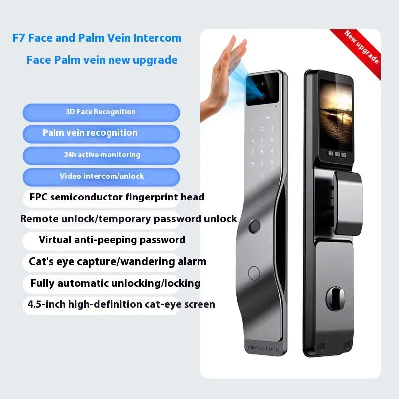 F7 face recognition fingerprint smart door lock in aluminium alloy housing on a wooden door.