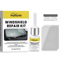Windshield repair kit with 3ml adhesive bottle, blade, and cured films on a car windscreen