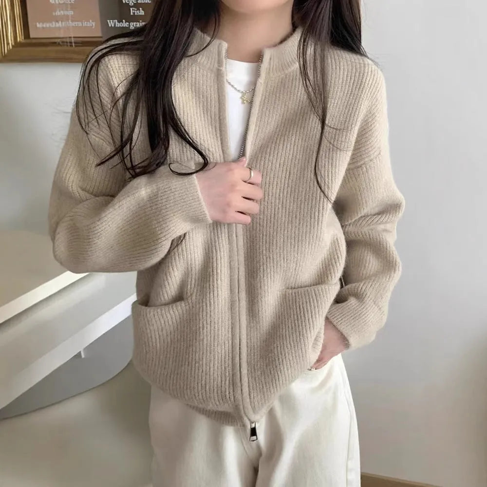Soft wind glutinous sweater coat cardigan in viscose fabric available in beige, grey, black, and khaki colours