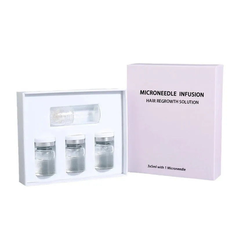Long Dense Hair Growth Micro Needle Serum Set with microneedle tool and three bottles of hair oil essence