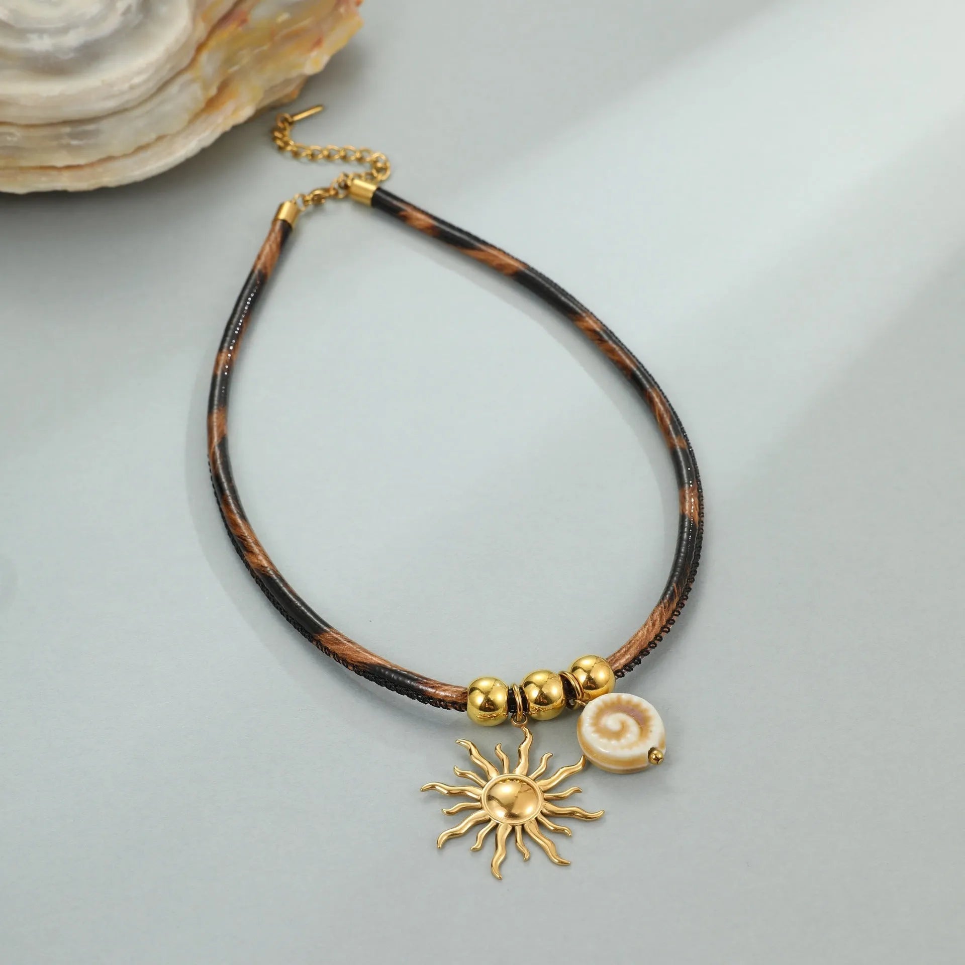 18K gold plated stainless steel necklace with geometric leopard print pendant and adjustable chain for women