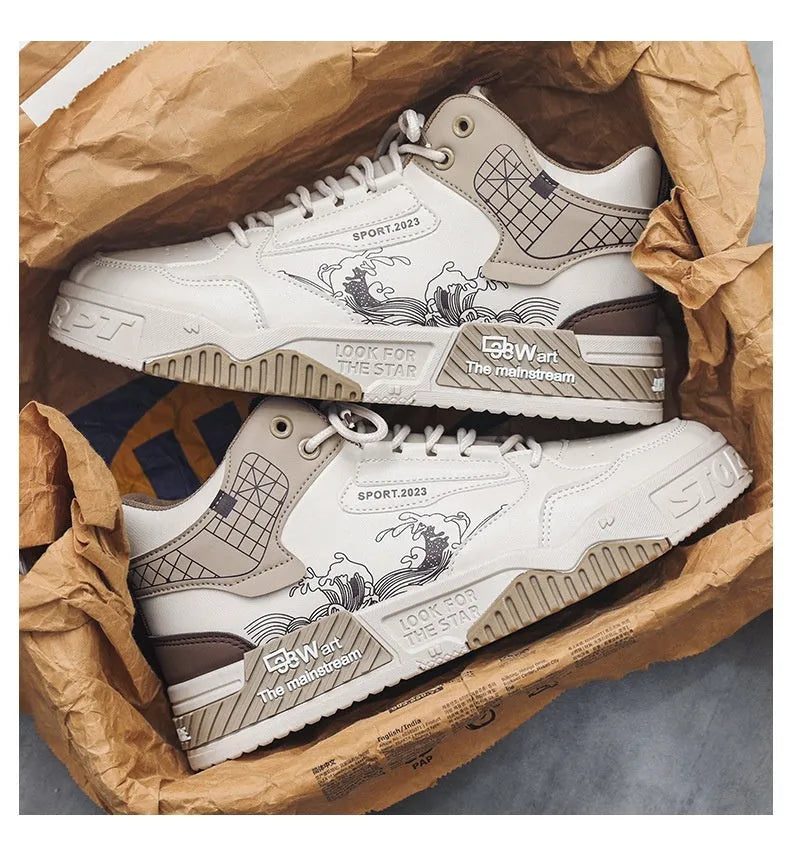 Men's high-top board shoes in beige, white and blue colours with lace-up front and rubber sole