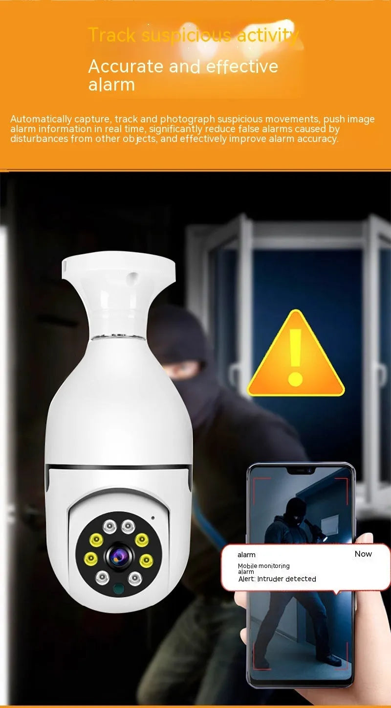 White wireless bulb security camera showing dimensions of 5cm by 12cm for indoor and outdoor use.
