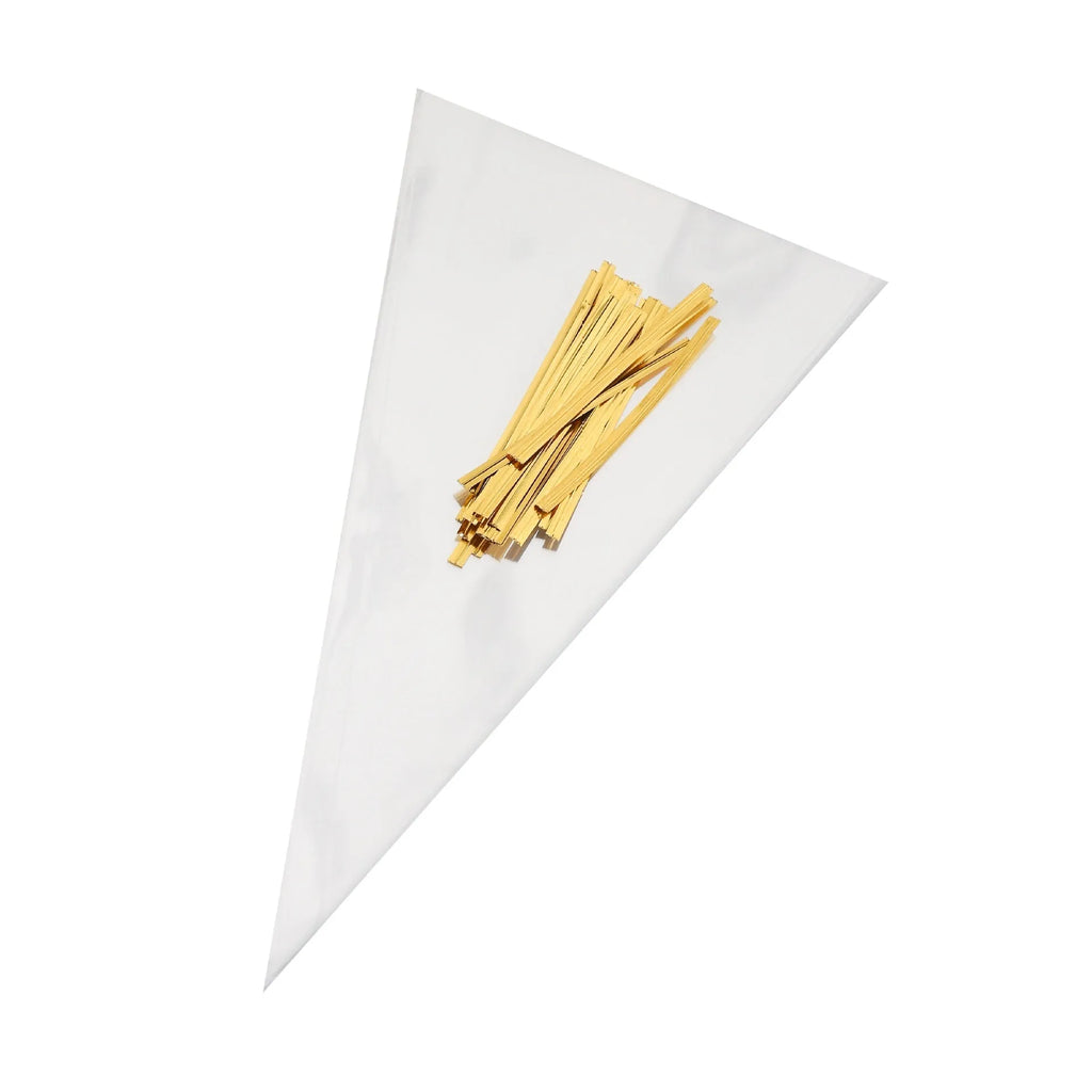 Triangle transparent plastic packaging bag with wire tie closure showing geometric shape