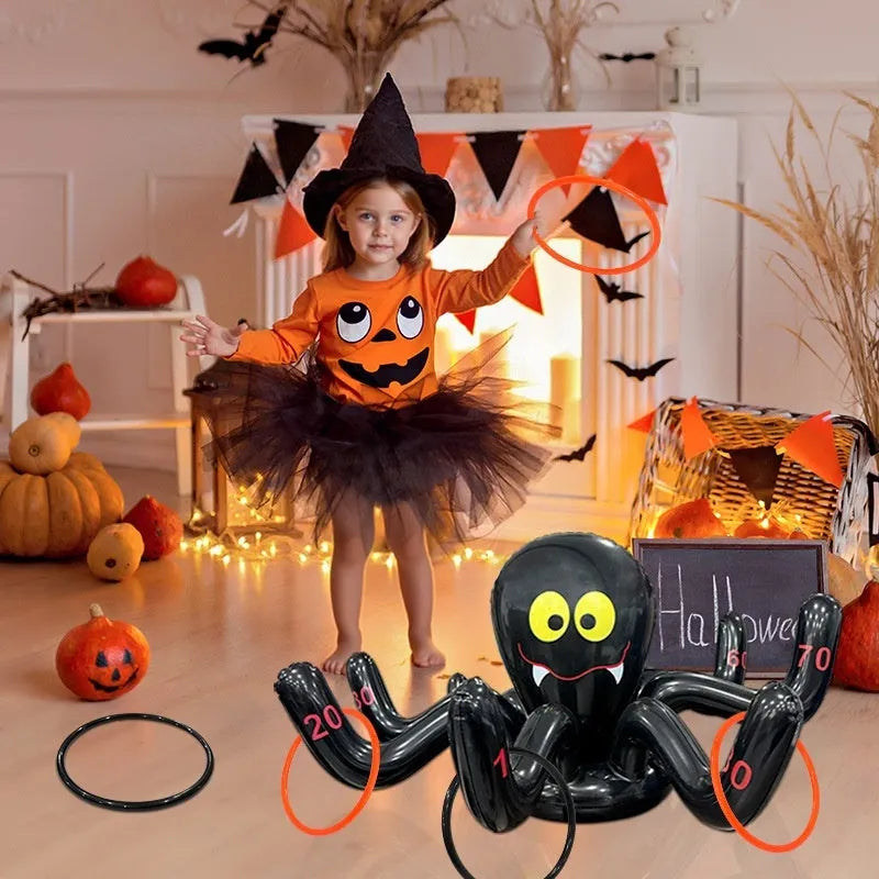 Colourful inflatable PVC throwing toy ferrules in octopus, antlers, witch hat, and Santa Claus designs.
