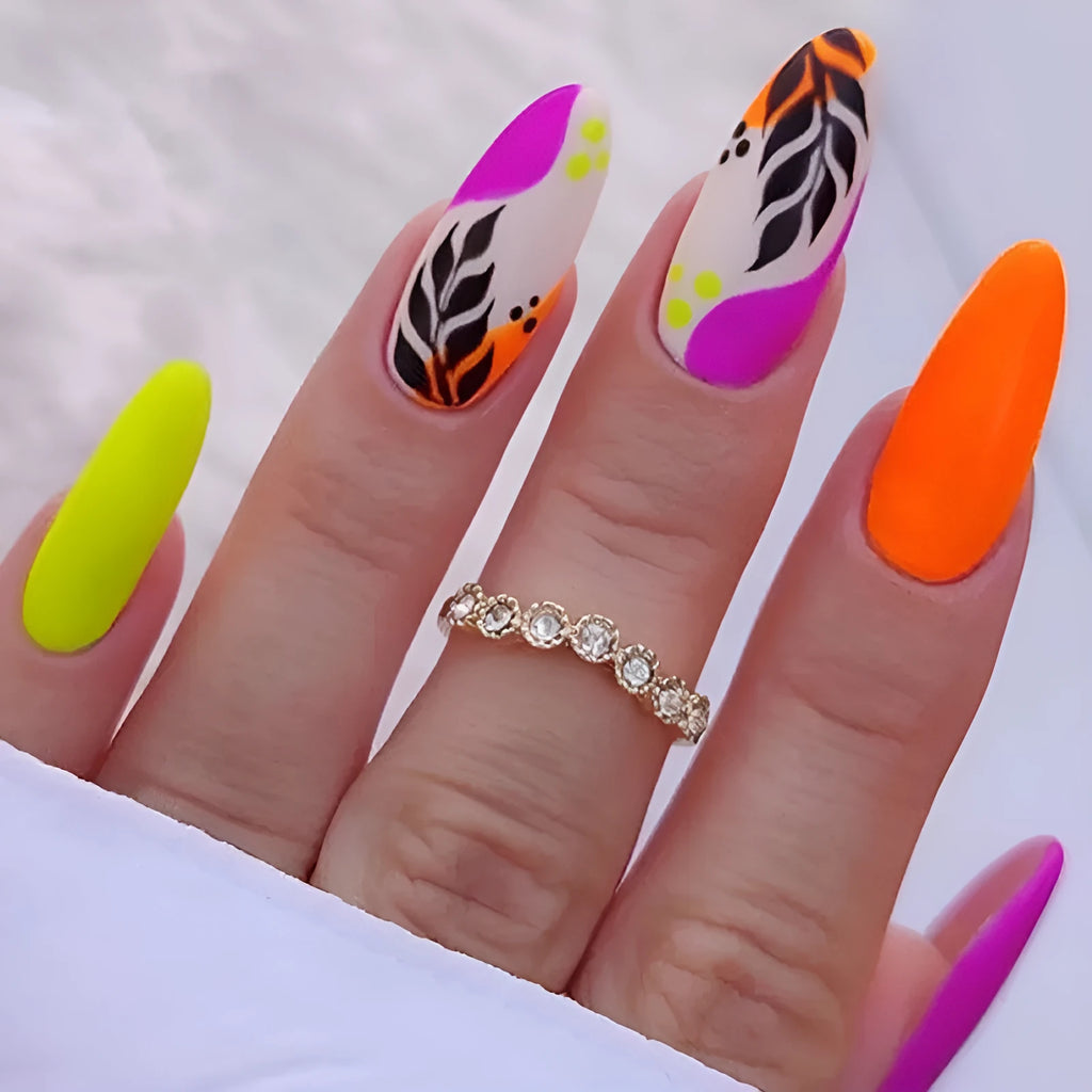 Four almond-shaped nail sticker designs with frosted finish including French leaves and gradient leopard patterns