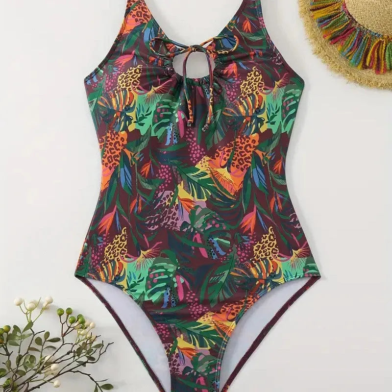 Women's one-piece printed triangle sexy swimsuit in colourful polyester fabric, sleeveless backless style