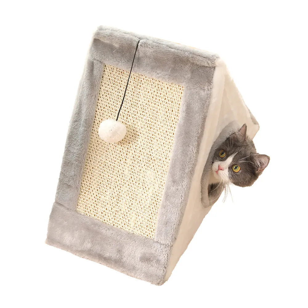 Grey and white triangular cat scratching post and bed with sisal fabric sides and a soft plush platform.