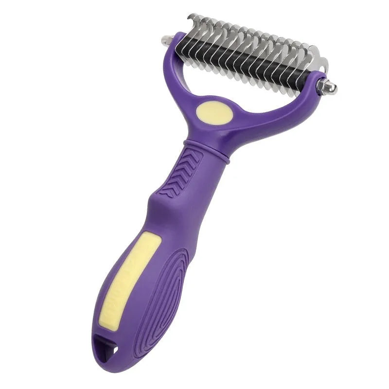 Purple double-sided plastic pet comb for untying knots in dog and cat fur