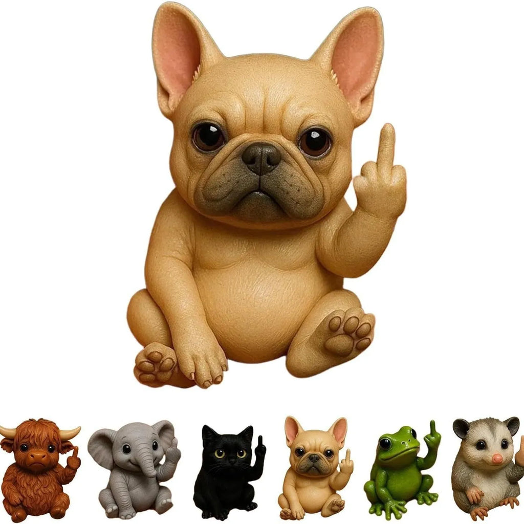 Mini resin ornament of a funny animal doll in a vertical pose, available in cat, dog, elephant, frog, Highland cattle, mouse, and turtle designs.