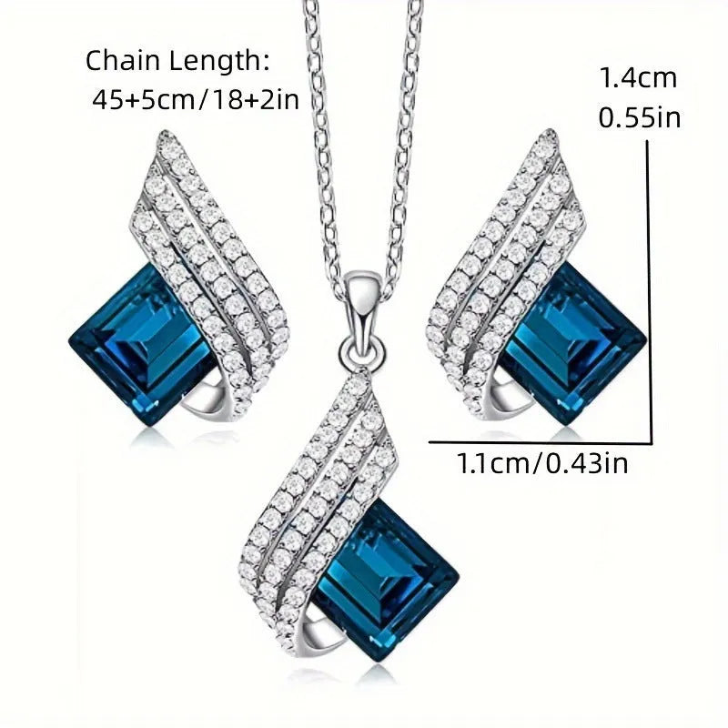 Women's necklace and earring set with glass pendant on cross chain, alloy material with electroplated finish