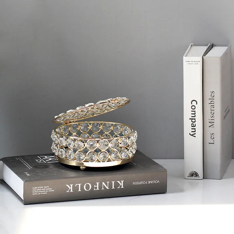 Crystal glass transparent jewellery storage box with French gold metal frame and European-style design