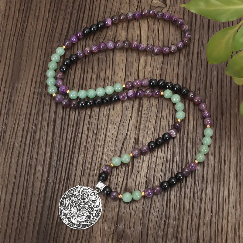 Dongling Long yoga necklace and bracelet set with stone beads and lotus pendant