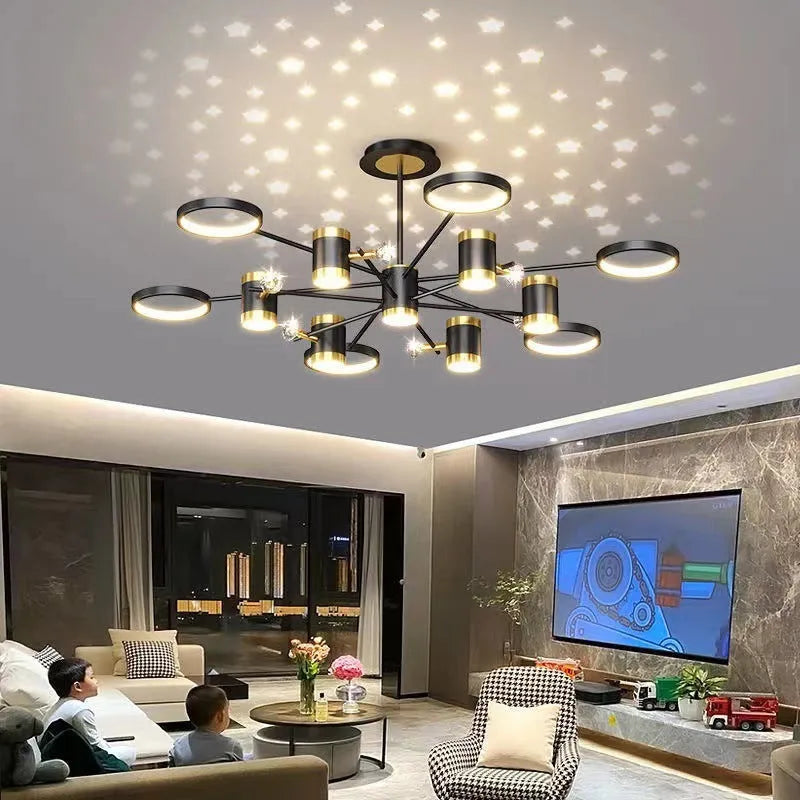 Black iron pendant lamp with 13 light heads in circular 1000mm diameter frame