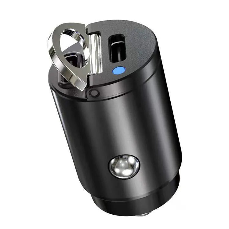 Mini zinc alloy car charger with dual USB-C ports for 30W fast charging