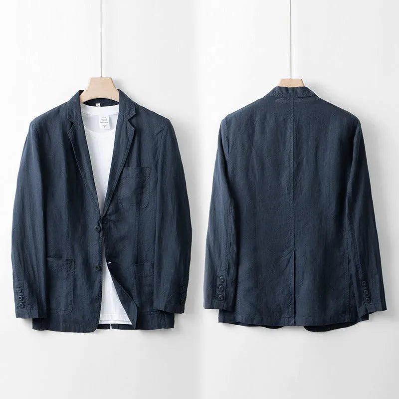Men's loose-fit linen casual suit jacket in a solid colour, shown with long sleeves.