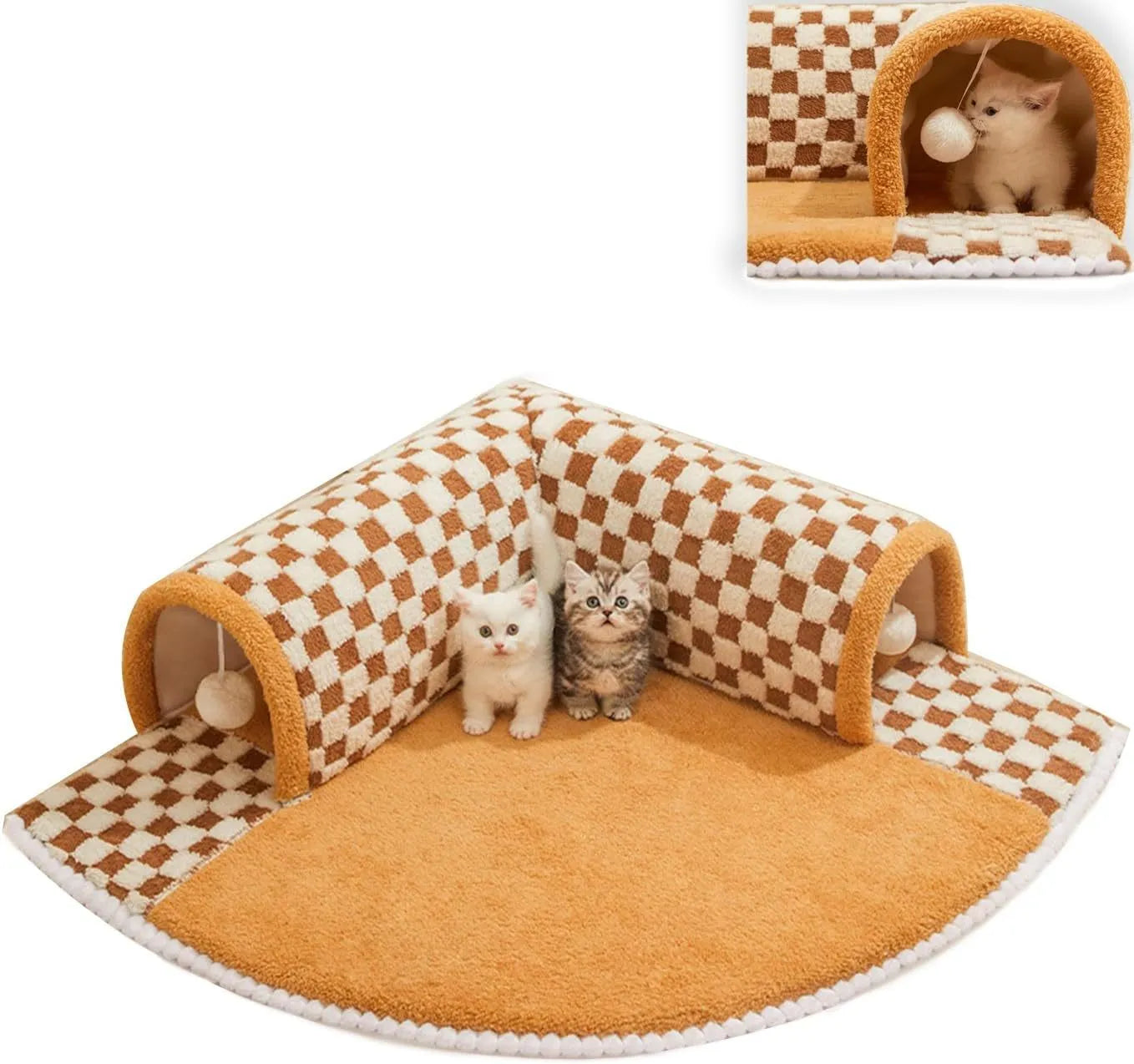 Brown plaid plush cat tunnel bed with a zippered side and central mat, shown on a wooden floor.